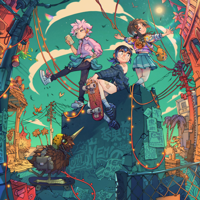 1boy 2girls animal_bag aqua_skirt aqua_sweater arm_tattoo balcony bandaid bandaid_on_cheek bandaid_on_face bandaid_on_leg bandaid_on_shoulder bird black_pants blue_hair blue_shoes blue_sky bonfire bottle box brown_hair building chain-link_fence closed_mouth clothes_around_waist cloud commentary day english_commentary facing_away facing_to_the_side falling_leaves fence foot_up glasses grey_bag halfpipe hand_in_pocket hard_hat helmet holding holding_phone holding_skateboard jacket kicking kiwi_(bird) leaf looking_at_another looking_at_phone looking_back looking_over_eyewear medium_hair multicolored_jacket multiple_girls off_shoulder original outdoors outstretched_arms palm_tree pants people phone pink_hair pink_shirt plaid_clothes plaid_shirt pleated_skirt poster_(object) power_lines railing round_eyewear shirt shoes short_hair sign simz sitting skate_park skateboard skateboarding skirt sky socks spilling standing standing_on_one_leg string_of_flags string_of_light_bulbs sun sweater sweater_around_waist tattoo torn_clothes torn_pants tree utility_pole white_shoes white_socks