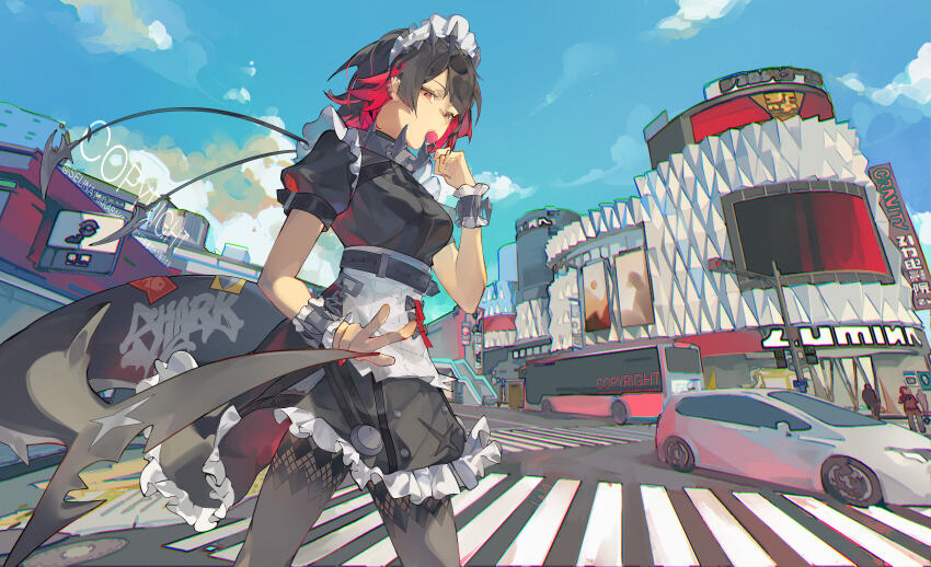 1girl absurdres belt black_belt black_hair blue_sky building bus candy car chromatic_aberration cloud colored_inner_hair cowboy_shot crosswalk ear_piercing ellen_joe fingernails fins fish_tail food hair_between_eyes highres holding holding_candy holding_food holding_lollipop lollipop looking_at_viewer mole mole_under_eye motor_vehicle multicolored_hair outdoors piercing red_eyes red_hair red_nails scar scar_on_tail selina_makabaka shark_tail short_hair short_sleeves sidelocks sky solo standing tail v zenless_zone_zero