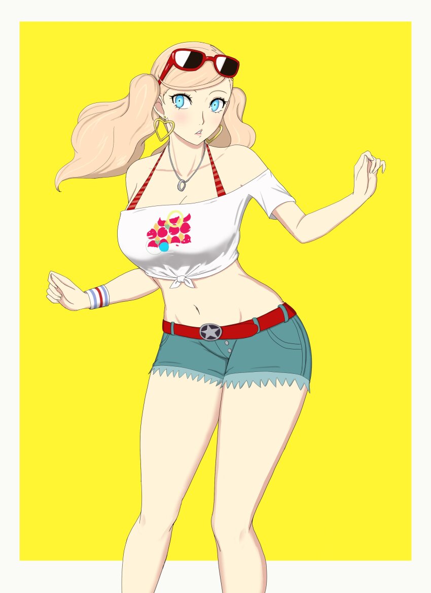 1girl absurdres belt blonde_hair blue_shorts blush border breasts cleavage collarbone cowboy_shot curvy denim denim_shorts earrings eyewear_on_head hands_up heart heart_earrings highres hoop_earrings jewelry large_breasts midriff nahone_peko navel necklace parted_lips persona persona_5 persona_5_scramble:_the_phantom_strikers red-framed_eyewear red_belt short_shorts shorts solo standing stomach sunglasses takamaki_anne thighs twintails white_border