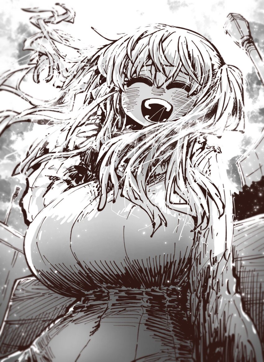 1girl bench blonde_hair blush breasts cityscape closed_eyes happy highres huge_breasts kanzaki_akane_(ss_kabushikigaisha) lamppost long_hair long_sleeves looking_at_viewer monochrome on_bench open_mouth ribbed_sweater shirt smile solo ss_kabushikigaisha sweater twintails zyugoya