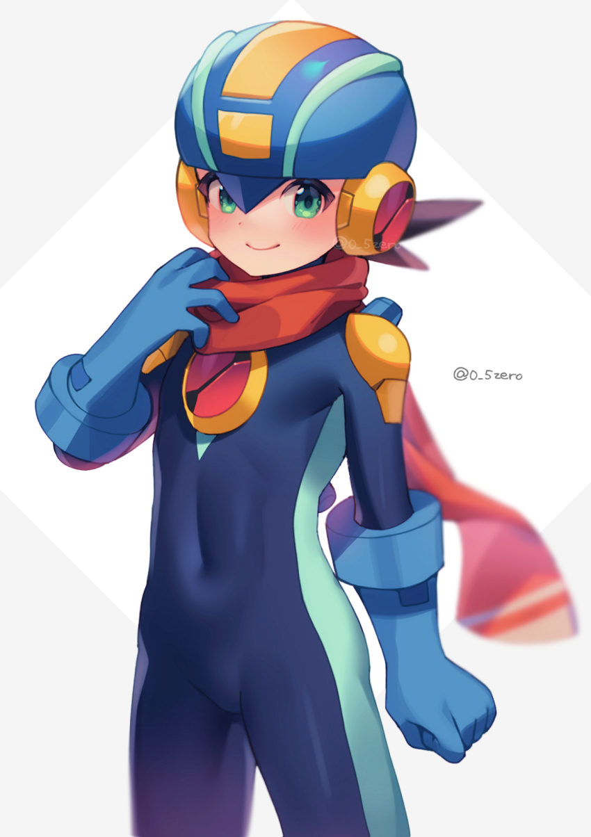 1boy blue_bodysuit blue_helmet blurry blush bodysuit brown_hair closed_mouth commentary_request covered_navel cowboy_shot depth_of_field green_eyes grey_background hand_up helmet highres looking_at_viewer male_focus mega_man_(series) mega_man_battle_network_(series) megaman.exe netnavi red_scarf scarf short_hair smile solo spiked_hair standing translation_request twitter_username two-tone_background watermark white_background zero-go