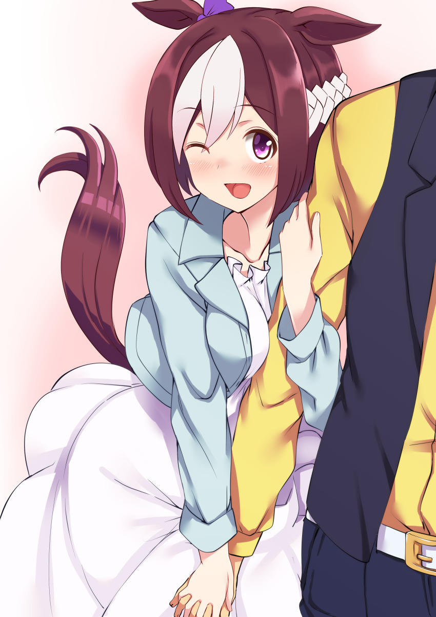 1boy 1girl ;d a9b_(louis814) absurdres animal_ears arm_grab black_vest blue_jacket blush bow brown_hair casual dress ear_bow hachimaki hand_on_another&#039;s_hand headband hetero highres horse_ears horse_girl horse_tail jacket long_sleeves looking_at_viewer medium_dress multicolored_hair one_eye_closed open_mouth purple_bow purple_eyes shirt short_hair smile solo special_week_(umamusume) streaked_hair tail trainer_(umamusume) two-tone_hair umamusume vest white_dress white_headband yellow_shirt