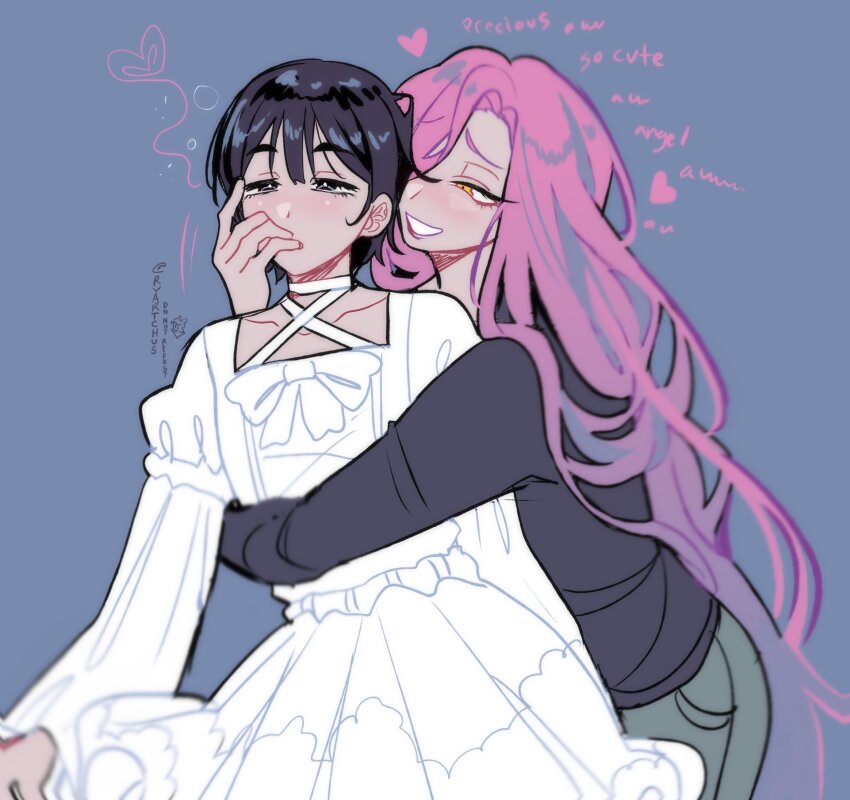 2girls alien_stage black_eyes black_hair black_shirt blue_background commentary dress english_text finger_in_another&#039;s_mouth hand_on_another&#039;s_face heart highres hug hug_from_behind long_hair long_sleeves mizi_(alien_stage) multiple_girls pink_hair ryyy_(ryartchus) shirt short_hair simple_background sua_(alien_stage) twitter_username white_dress yellow_eyes yuri