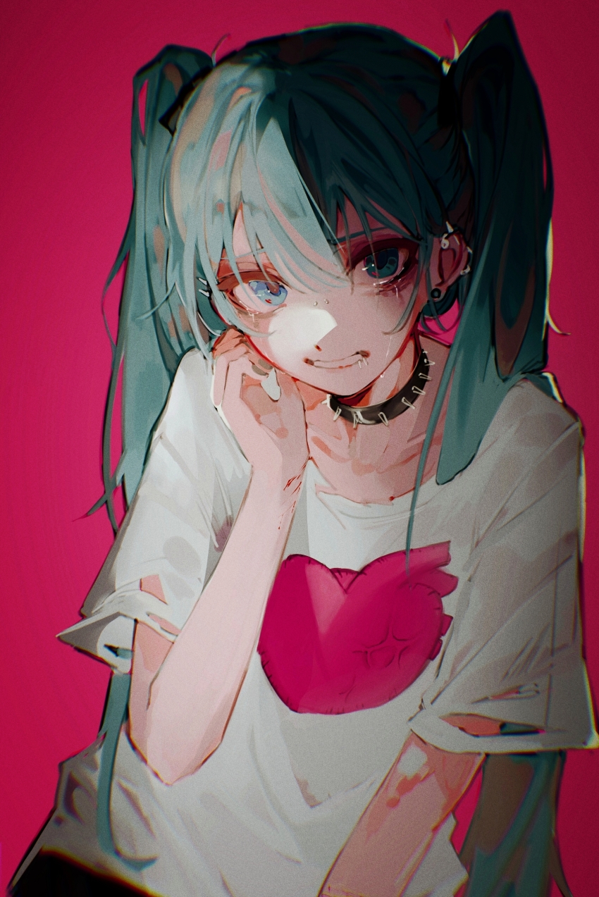 1girl absurdres anti-eyebrow_piercing aqua_eyes aqua_hair aqua_nails blue_eyes chromatic_aberration clenched_teeth collar collarbone crying crying_with_eyes_open cuts drooling ear_piercing hair_between_eyes hand_up hatsune_miku highres injury laari_000 lip_piercing long_hair looking_at_viewer piercing pink_background print_shirt sad sad_girl_sex_(vocaloid) self-harm shirt simple_background solo spiked_collar spikes t-shirt tears teeth torn_clothes twintails upper_body very_long_hair vocaloid