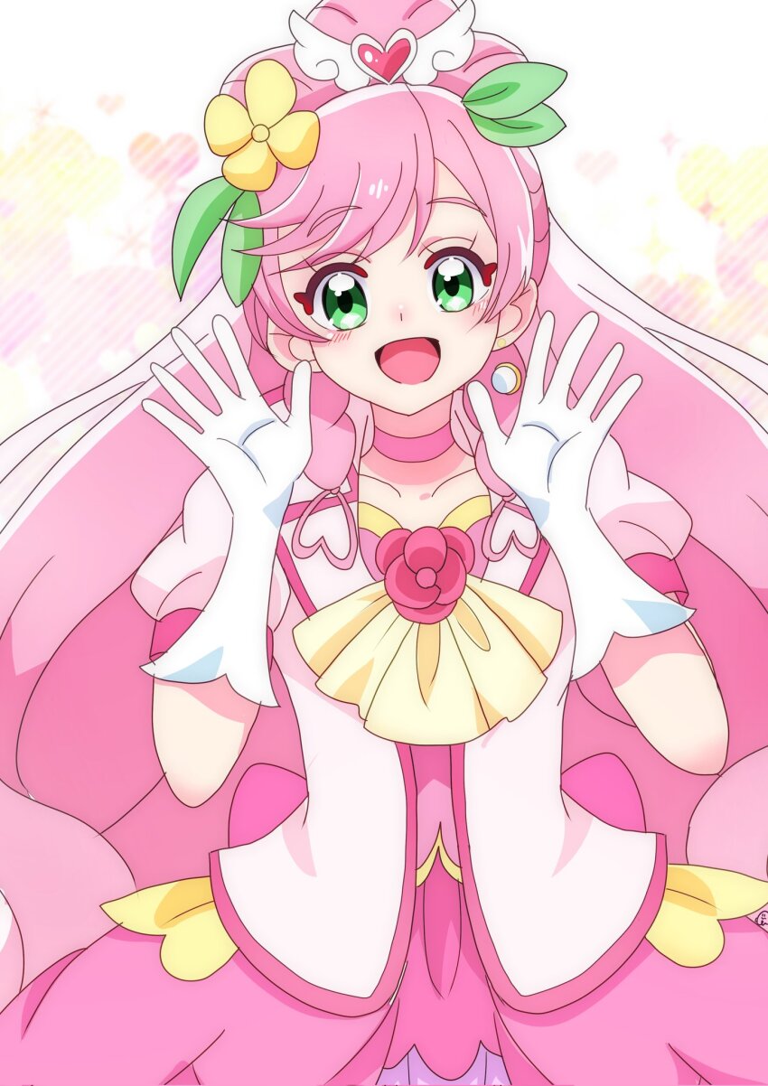 1girl alternate_hairstyle artist_name ascot back_bow big_hair bow braid brooch choker commentary cosplay cure_grace cure_grace_(cosplay) cure_prism dress earrings flower flower_brooch gloves green_eyes hair_flower hair_ornament healin&#039;_good_precure highres hirogaru_sky!_precure in-franchise_crossover jacket jewelry leaf_hair_ornament long_hair looking_at_viewer magical_girl momotarouooi nijigaoka_mashiro open_mouth pink_bow pink_choker pink_dress pink_hair ponytail precure puffy_short_sleeves puffy_sleeves short_sleeves side_braid signature single_earring smile solo standing twin_braids very_long_hair waving white_gloves white_jacket wing_hair_ornament yellow_ascot yellow_flower
