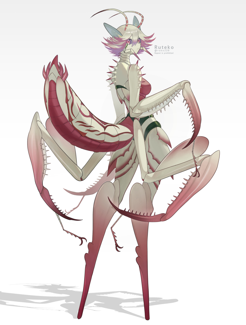 1girl absurdres antennae arthropod_girl closed_mouth colored_sclera colored_skin extra_arms from_behind full_body grey_sclera highres looking_at_viewer mantis_girl monster_girl no_feet original pink_eyes pink_hair ruteko_(ruko220) short_hair simple_background solo tail twitter_username white_background white_hair white_skin