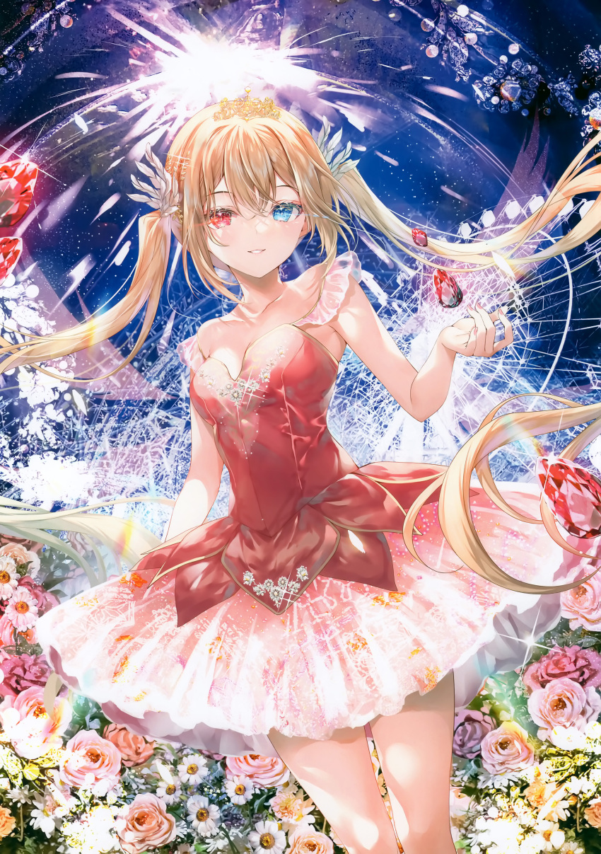 1girl absurdres bare_shoulders blonde_hair blue_eyes breasts collarbone dress dutch_angle eshi_100_nin_ten fingernails floating gem grin hair_ornament heterochromia highres long_hair looking_at_viewer medium_breasts miwabe_sakura original red_dress red_eyes red_gemstone scan sidelocks sleeveless sleeveless_dress smile solo strap_slip teeth third-party_source tiara twintails
