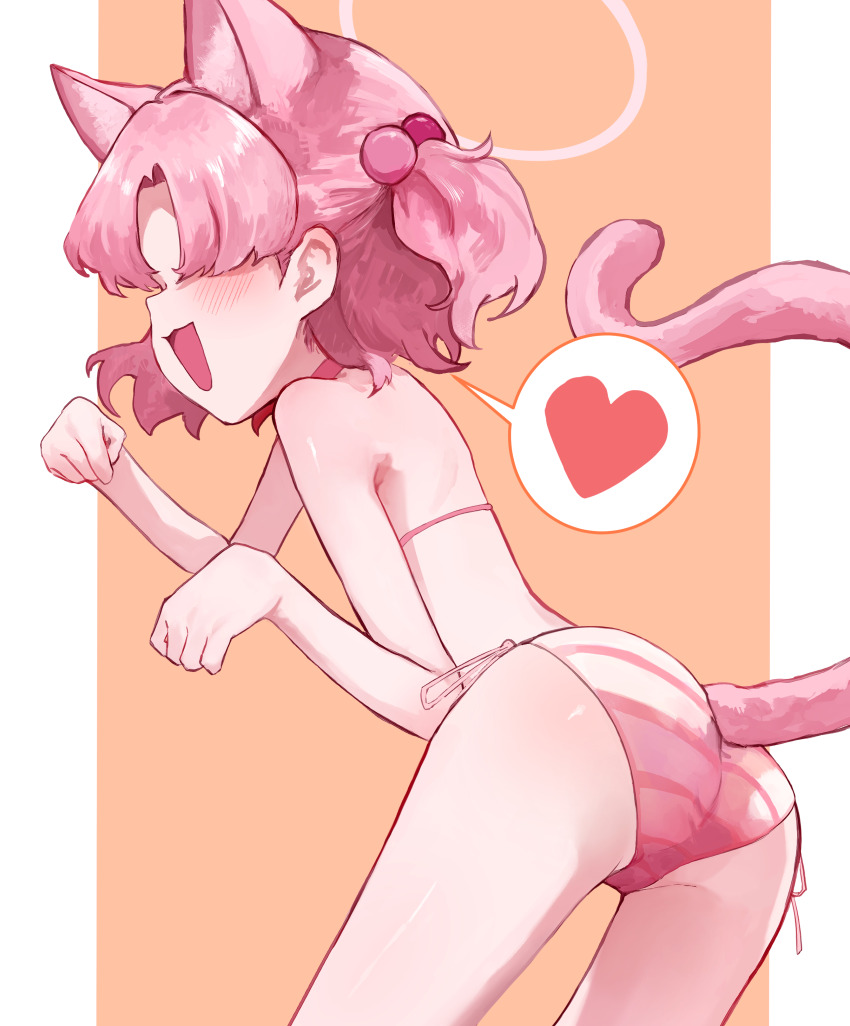 1girl absurdres animal_ears ass bikini blue_archive blush cat_ears cat_girl cat_tail chlorella_observation_club_member_(blue_archive) chlorella_observation_club_member_(swimsuit)_(blue_archive) hair_bobbles hair_ornament halo heart highres loli official_alternate_costume open_mouth paw_pose pink_hair shimeji_take solo speech_bubble spoken_heart striped_bikini striped_clothes swimsuit tail