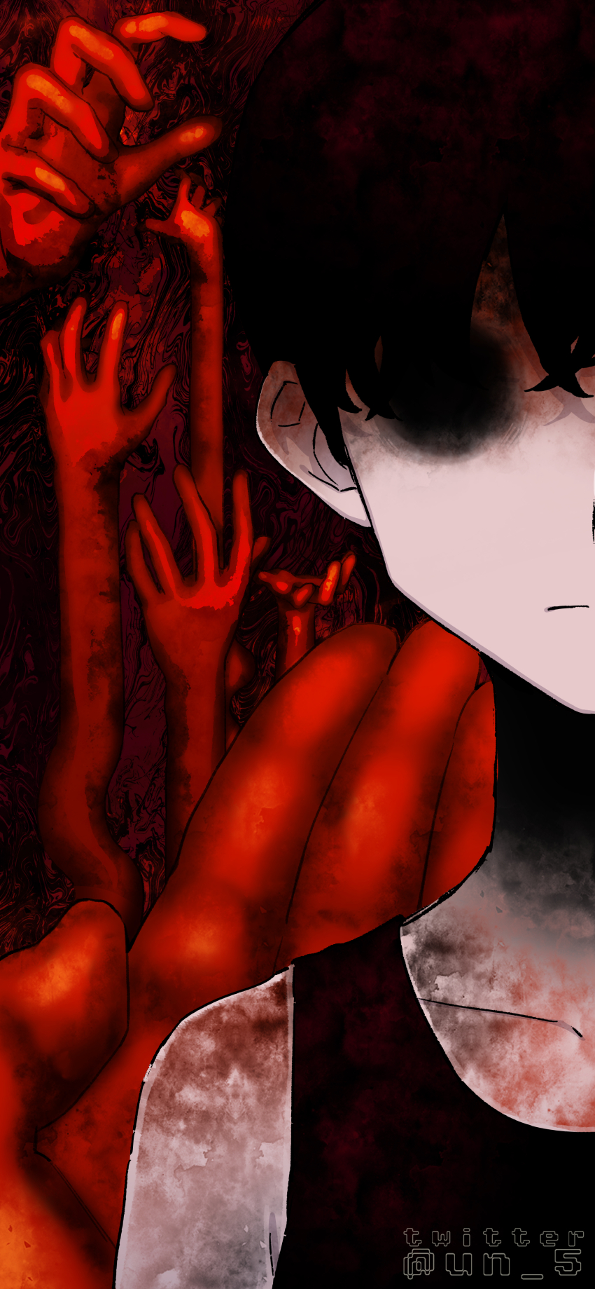 1boy absurdres black_hair black_tank_top colored_skin empty_eyes highres hollow_eyes horror_(theme) looking_at_viewer male_focus omori omori_(omori) pale_skin red_theme short_hair signature solo spoilers tank_top tendoshi twitter_username white_skin
