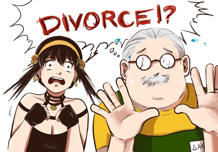 1girl apron black_gloves black_hair breasts brown_eyes cleavage commentary crack cracked_glass dress earrings english_commentary english_text facial_hair fingerless_gloves flying_sweatdrops gloves grey_hair hands_up headband highres jewelry mustache name_tag necklace sakamoto_days sakamoto_taro shirt speech_bubble spy_x_family thought_bubble tipanot trait_connection upper_body white_background yellow_shirt yor_briar