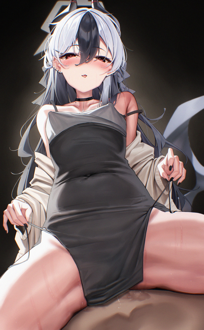 1boy absurdres black_background black_dress black_hair black_horns blue_archive blush commentary_request cowgirl_position dress ear_piercing girl_on_top grey_halo hair_between_eyes halo highres horns implied_sex kayoko_(blue_archive) kayoko_(dress)_(blue_archive) keienu0 long_hair looking_at_viewer multicolored_hair official_alternate_costume piercing red_eyes shirt single_wing solo_focus straddling two-tone_hair white_shirt wings