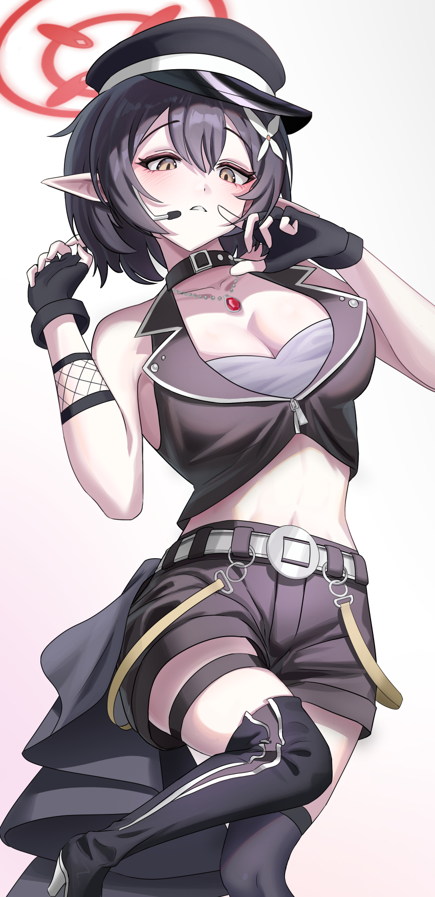 1girl absurdres ayane_(blue_archive) ayane_(idol)_(blue_archive) bare_shoulders black_gloves black_hair black_hat black_shorts black_thighhighs black_vest blue_archive bra breasts fingerless_gloves gloves hair_between_eyes hat highres large_breasts looking_at_viewer medium_hair official_alternate_costume pointy_ears shorts sid sidelocks solo stomach tangerine_(wbdbsqkfgyul) thighhighs underwear vest white_bra yellow_eyes