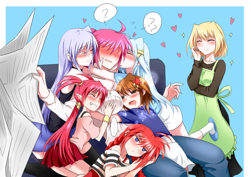 00s 6+girls =_= ? ?? agito agito_(nanoha) apron bad_id bad_pixiv_id bare_shoulders blonde_hair blue_background blue_eyes blue_hair blue_shirt blush brown_hair closed_eyes drooling earrings embarrassed female_pervert hand_on_own_face harem heart highres hug jewelry kiss long_hair lyrical_nanoha mahou_shoujo_lyrical_nanoha mahou_shoujo_lyrical_nanoha_a&#039;s mahou_shoujo_lyrical_nanoha_strikers multiple_girls newspaper pervert pink_hair pink_shirt red_hair red_skirt reinforce reinforce_zwei shamal shirt short_hair shumai_(sm318) signum simple_background sitting skirt slippers socks sparkle striped_clothes striped_shirt vita_(nanoha) white_skirt yagami_hayate yuri