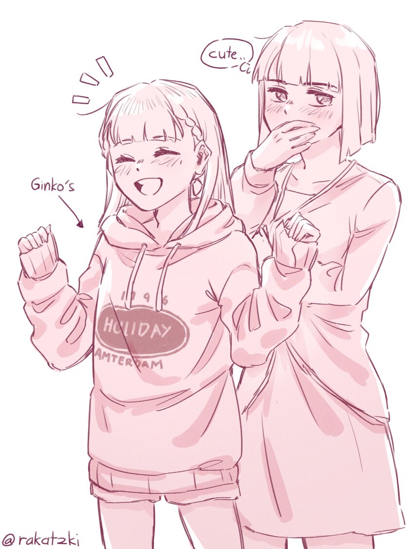 2girls :d ^_^ absurdres arrow_(symbol) averting_eyes blunt_bangs blunt_ends blush borrowed_clothes braid cardigan center-flap_bangs closed_eyes clothes_writing covering_own_mouth cowboy_shot dress english_text grin hand_over_own_mouth hands_up highres hood hood_down hoodie kachimachi_kosuzu link!_like!_love_live! long_hair long_sleeves love_live! medium_dress momose_ginko momose_ginko_(summer_loungewear) momose_ginko_(summer_training_wear) monochrome multiple_girls notice_lines official_alternate_costume open_mouth pink_theme rakatzki short_hair side_braids sideways_glance sleeves_past_wrists smile speech_bubble thought_bubble twitter_username virtual_youtuber yuri