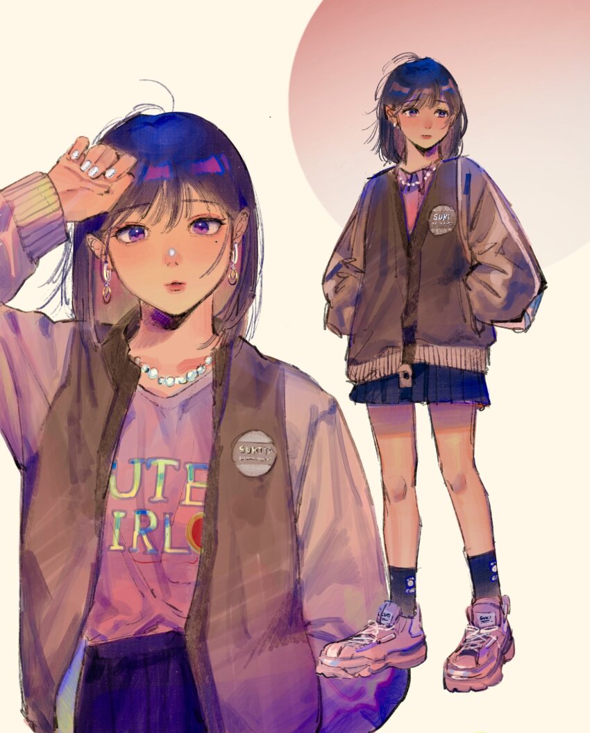1girl amo_(amo_0514) ankle_socks black_hair black_skirt black_socks blush closed_mouth clothes_writing colored_inner_hair commentary earrings english_commentary fingernails full_body gradient_background grey_jacket hair_behind_ear hand_in_pocket hand_to_head hand_up hands_in_pockets highres jacket jewelry long_sleeves looking_at_viewer looking_to_the_side medium_hair miniskirt mole mole_under_eye multicolored_hair multiple_views nail_polish necklace open_clothes open_jacket original parted_lips pearl_necklace pink_background pink_hair pink_shirt pink_shoes pleated_skirt puffy_long_sleeves puffy_sleeves purple_eyes shirt shirt_tucked_in shoes skirt sneakers socks standing turning_head upper_body white_background white_nails
