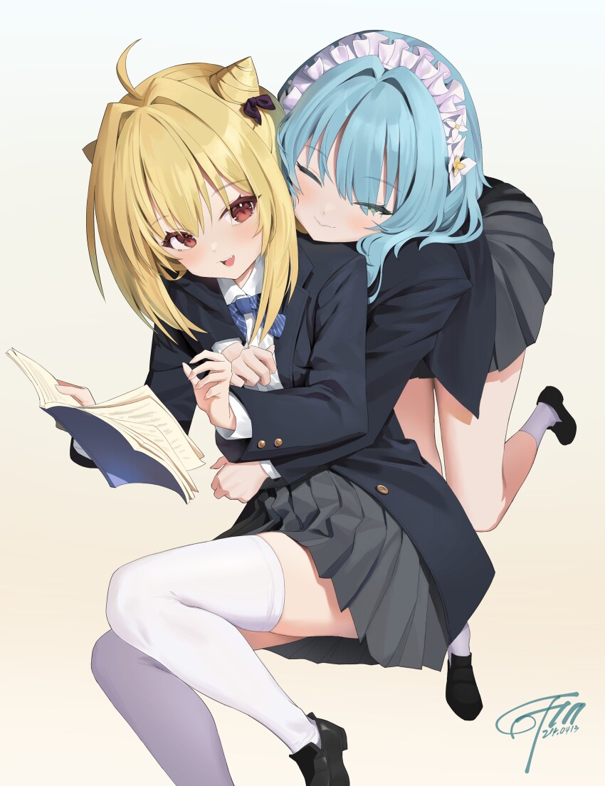 absurdres blonde_hair blue_eyes blue_hair fuin_(artist) highres hikikomari_kyuuketsuki_no_monmon pleated_skirt red_eyes school_uniform shoes skirt terakomari_gandezblood thigh_gap thighhighs villhaze yuri zettai_ryouiki
