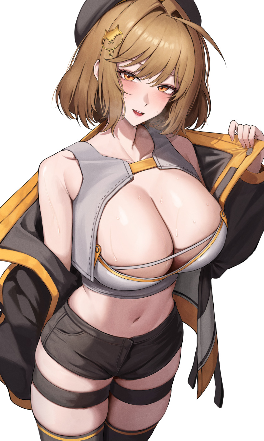 1girl absurdres anis_(nikke) bare_shoulders beret black_hat black_jacket blush bodam breasts brown_eyes brown_hair cleavage cleavage_cutout clothing_cutout commentary crop_top goddess_of_victory:_nikke hair_intakes hair_ornament hat highres huge_breasts jacket long_hair long_sleeves looking_at_viewer navel open_clothes open_jacket open_mouth puffy_long_sleeves puffy_sleeves simple_background smile solo stomach sweat teeth thick_thighs thigh_strap thighs upper_teeth_only white_background