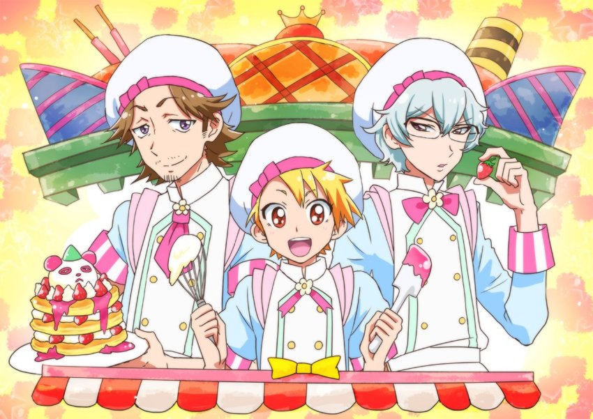 10s 3boys apron bishounen black-framed_eyewear blonde_hair blue_shirt bow bowtie brown_hair food fruit glasses hat hazama_michio idolmaster idolmaster_side-m kirakira_patisserie_uniform kirakira_precure_a_la_mode maita_rui male_focus multiple_boys pancake parody pink_neckwear precure puffy_sleeves purple_eyes ribbon s.e.m shirt short_hair silver_hair strawberry style_parody upper_body whisk white_apron white_hat yamashita_jiro