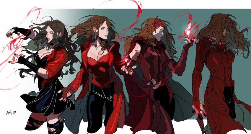 1girl absurdres arm_warmers artist_name avengers:_age_of_ultron avengers:_infinity_war avengers_(series) black_dress black_nails black_pants black_thighhighs blue_background border breasts bridal_gauntlets brown_gloves brown_hair cape cleavage closed_mouth coat collarbone colored_inner_hair cowboy_shot doctor_strange_(series) doctor_strange_in_the_multiverse_of_madness dress evolution fingerless_gloves fingernails floating_hair gloves gradient_background green_eyes green_hair hands_up highres jacket jewelry karmaho lapels large_breasts lips long_hair long_sleeves magic marvel marvel_cinematic_universe mask mask_on_head multicolored_hair multiple_views nail_polish necklace open_clothes open_coat open_jacket open_mouth outside_border pants pink_lips red_cape red_coat red_dress red_jacket red_mask scarlet_witch standing teeth thighhighs torn_clothes torn_thighhighs wanda_maximoff wandavision wavy_hair white_background white_border