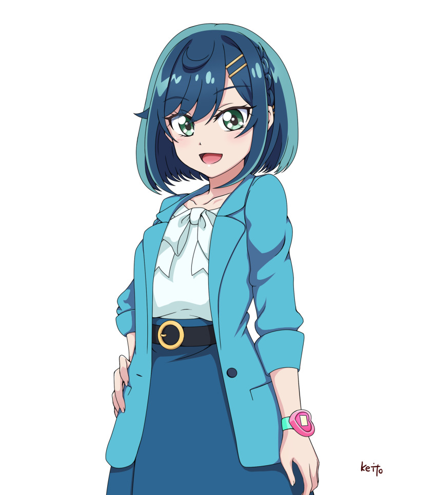1girl :d absurdres anime_coloring artist_name belt black_belt blue_hair blue_jacket blue_skirt braid collarbone commentary cowboy_shot delicious_party_precure dot_nose fuwa_kokone green_eyes hair_ornament hairclip hand_on_own_hip highres jacket light_blush looking_at_viewer open_clothes open_jacket open_mouth outside_border precure ribbon sakuragawa3710 shirt shirt_ribbon short_hair side_braid sidelocks simple_background single_hair_intake skirt smile solo three-quarter_sleeves watch white_background white_ribbon white_shirt wristwatch