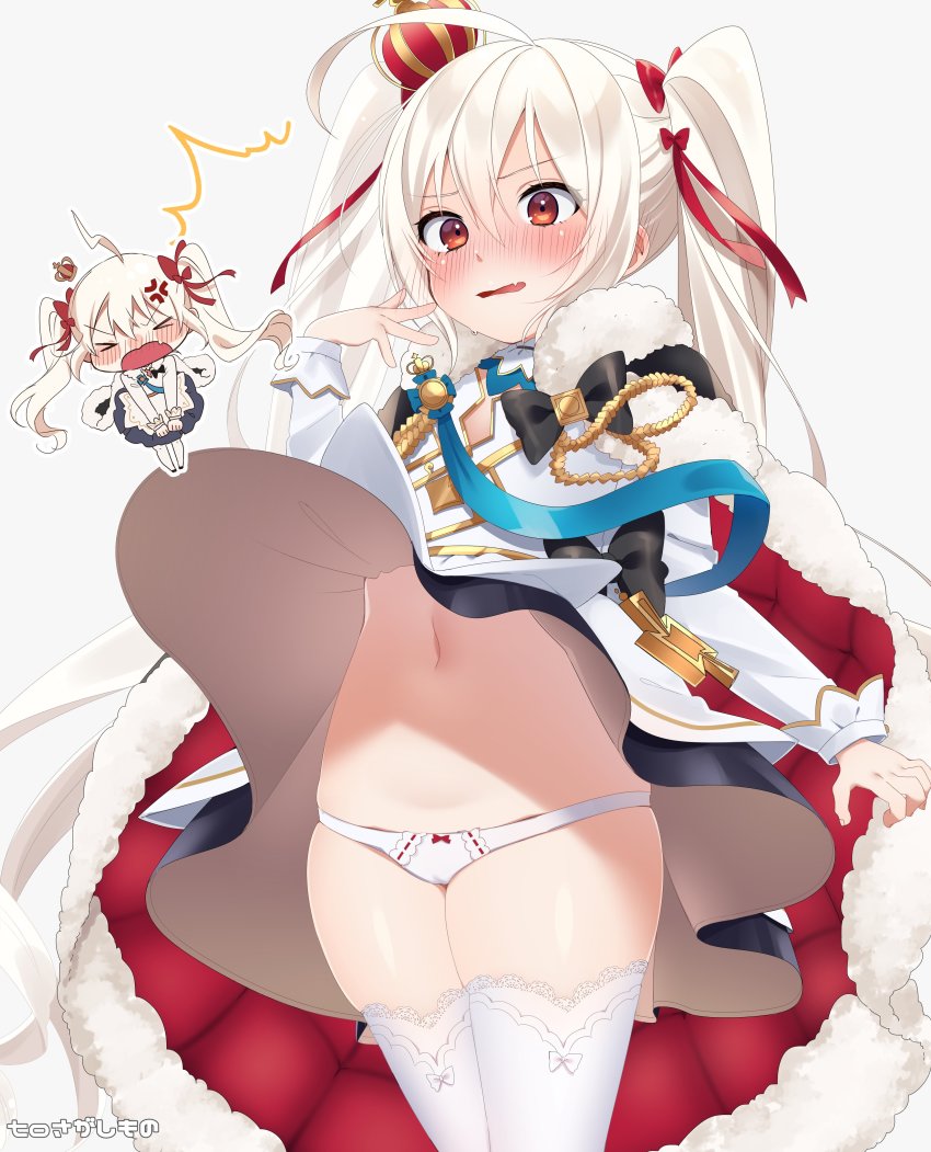 absurdres ahoge anger_vein azur_lane cape commission crown embarrassed fang hair_ornament highres looking_at_viewer micro_panties navel panties red_eyes silver_hair simple_background skeb_commission thighhighs twintails underwear uu3cm valiant_(azur_lane) white_background white_panties