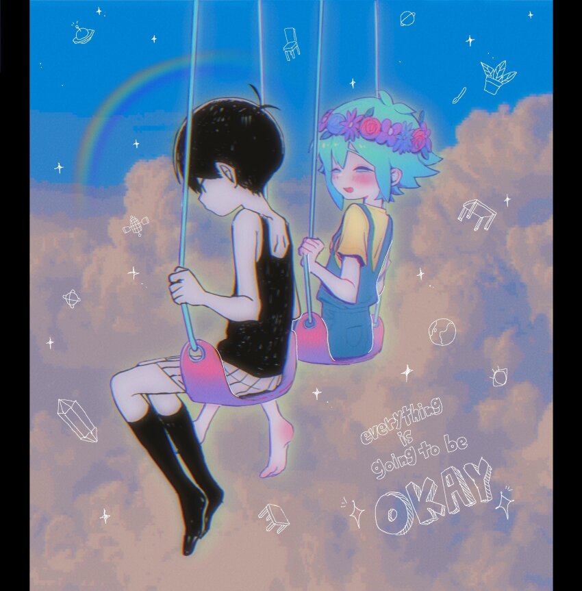 2boys absurdres basil_(headspace)_(omori) basil_(omori) black_eyes black_hair black_socks black_tank_top blue_sky blush colored_skin green_hair head_wreath highres kneehighs male_focus multiple_boys omori omori_(omori) on_swing open_mouth pillarboxed rainbow shorts sitting sky smile socks striped_clothes striped_shorts swing tank_top tate_ware_anal vertical-striped_clothes vertical-striped_shorts white_shorts white_skin