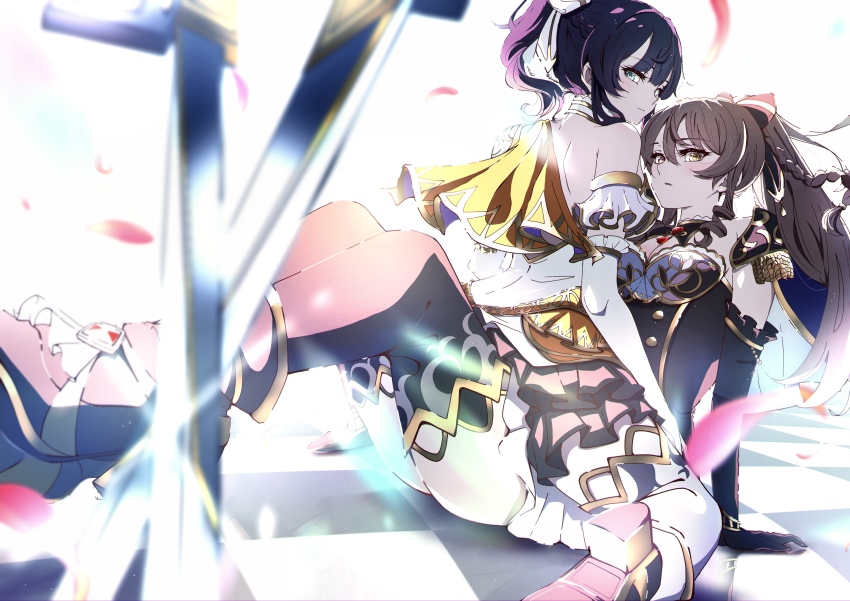 2girls absurdres ankle_boots armband armor assault_lily black_boots black_dress black_hair black_thighhighs blurry blurry_foreground boots bow braid breasts checkered_floor cleavage cleavage_cutout closed_mouth clothing_cutout collar commentary_request commission crossed_swords dress elbow_gloves falling_petals frilled_armband frilled_dress frilled_gloves frills gem girl_on_top glint gloves green_eyes hair_between_eyes halter_dress halterneck heterochromia high_heel_boots high_heels high_ponytail highres knees_up kuo_shenlin layered_dress light_blush long_hair looking_at_viewer looking_to_the_side medium_breasts medium_hair multiple_girls official_alternate_costume official_alternate_hairstyle on_floor parted_lips pauldrons petals pink_eyes planted planted_sword planted_weapon ponytail red_gemstone shoe_soles shoulder_armor side_braid side_cape side_ponytail sidelocks single_pauldron sitting sitting_on_person skeb_commission sleeveless sleeveless_dress sou_(sxy122126) strapless strapless_dress sword thighhighs wang_yujia weapon white_background white_bow white_collar white_dress white_thighhighs yellow_eyes yuri