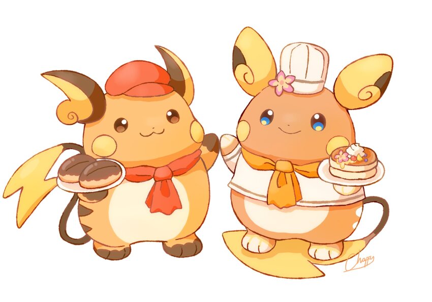 alolan_form alolan_raichu alolan_raichu_(pancake_chef) artist_name blue_eyes brown_eyes chef_hat closed_mouth donut flower food full_body gen_1_pokemon gen_7_pokemon hat highres holding mimix necktie nintendo no_humans pancake plate pokemon pokemon_(creature) pokemon_cafe_remix raichu simple_background smile solo tail white_background