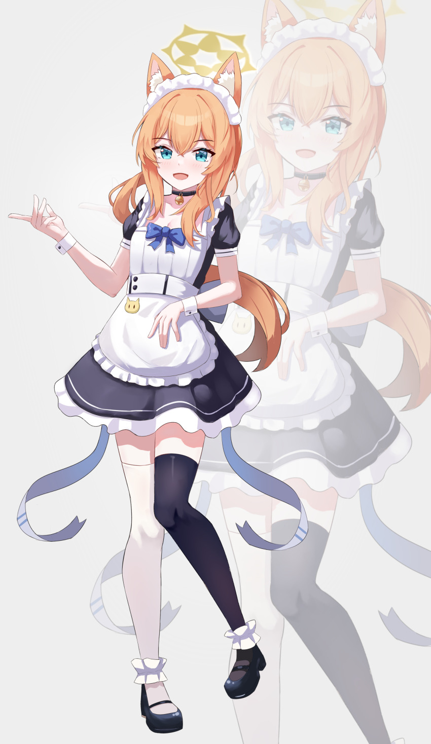 1girl :d absurdres alternate_costume animal_ear_fluff apron asymmetrical_legwear bell black_choker black_dress black_shorts black_thighhighs blue_archive blue_bow blue_bowtie blue_eyes blush bow bowtie breasts choker cleavage commentary dress enmaided frilled_apron frilled_dress frills full_body hair_between_eyes halo hand_up happy highres jingle_bell knees_together_feet_apart long_hair looking_at_viewer maid maid_apron maid_headdress mari_(blue_archive) mary_janes mismatched_legwear mixian neck_bell open_mouth orange_hair ponytail puffy_short_sleeves puffy_sleeves shoes short_dress short_sleeves shorts sidelocks small_breasts smile solo standing tachi-e thighhighs white_apron white_thighhighs white_wrist_cuffs wrist_cuffs yellow_halo zettai_ryouiki zoom_layer