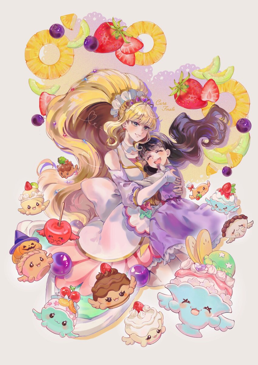 2girls absurdres apron black_hair blonde_hair blue_eyes bridal_gauntlets choker closed_eyes cufi1124 cure_finale delicious_party_precure dual_persona earrings food fruit headband high_ponytail highres hug jewelry kasai_amane long_hair magical_girl multiple_girls ponytail precure recipipi smile strawberry white_choker wide_ponytail yellow_headband