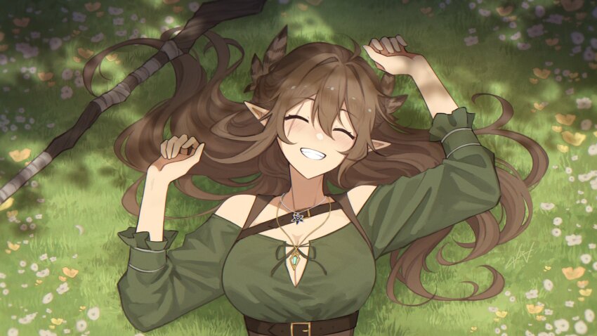 1girl ^_^ atom belt belt_buckle black_belt breasts brown_corset brown_hair buckle chest_belt cleavage closed_eyes commentary corset day english_commentary eyelashes feather_hair_ornament feathers field flower flower_field frilled_sleeves frills gold_buttons green_shirt grin hair_between_eyes hair_ornament hair_spread_out happy high_belt highres indie_virtual_youtuber jewelry kumi_(vtuber) large_breasts light_blush long_hair long_sleeves lying necklace off-shoulder_shirt off_shoulder on_back outdoors pendant pointy_ears scar scar_across_eye scar_on_face second-party_source shade shadow shirt smile solo staff tree under_tree upper_body velephyr very_long_hair virtual_youtuber white_flower yellow_flower
