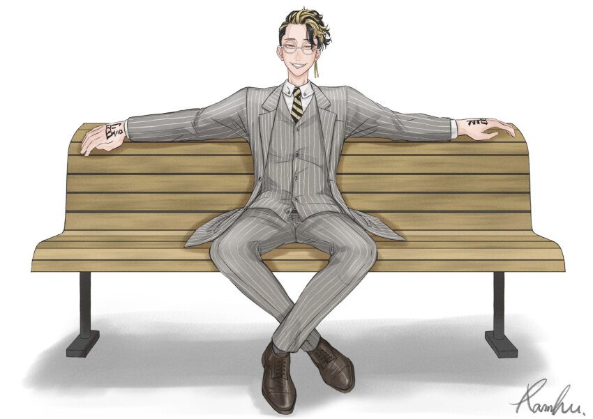 1boy artist_name bench black_hair black_necktie blonde_hair brown_shoes buttons collared_shirt commentary_request diagonal-striped_clothes diagonal-striped_necktie earrings formal_clothes glasses grey_jacket grey_pants grey_socks grey_suit grey_vest grin hand_tattoo hanma_shuuji highres jacket jewelry lapels long_sleeves looking_at_viewer male_focus multicolored_hair necktie on_bench open_clothes open_jacket pants pinstripe_jacket pinstripe_pants pinstripe_pattern pinstripe_suit pinstripe_vest ramfu round_eyewear shadow shirt shoes short_hair signature simple_background single_earring sitting smile socks solo streaked_hair striped_clothes striped_necktie suit tattoo teeth tokyo_revengers vest white_background white_shirt wing_collar yellow_eyes yellow_necktie
