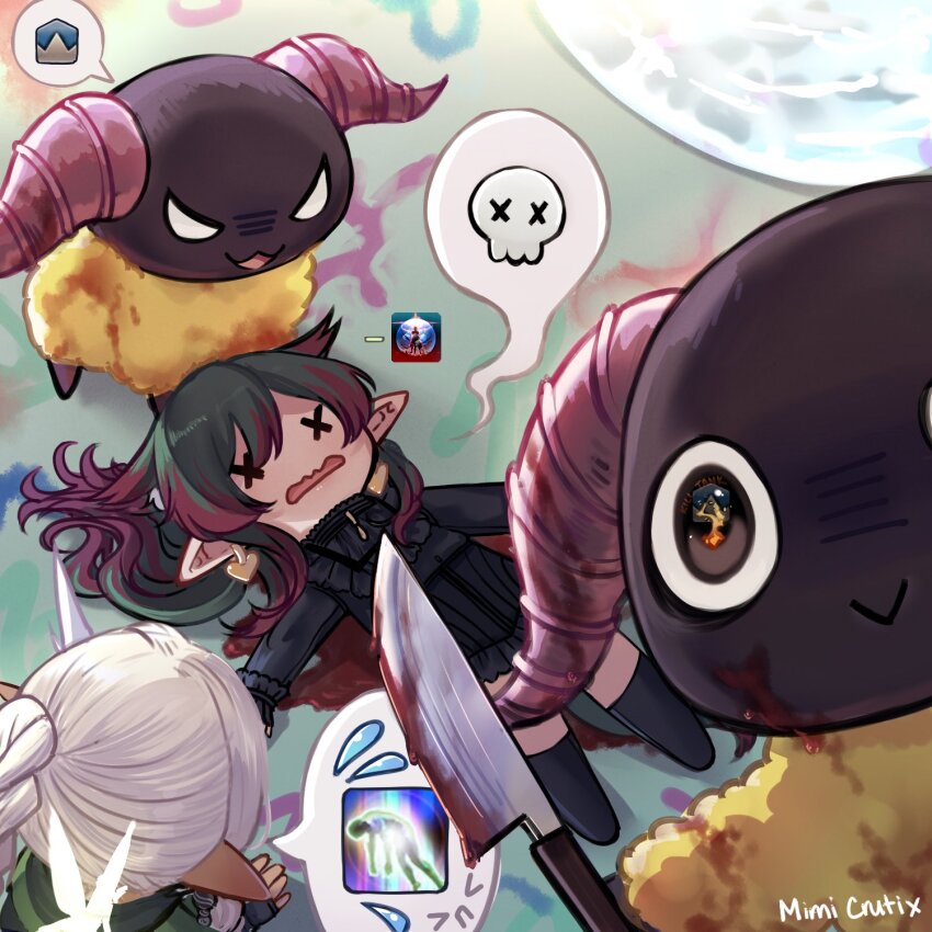 :&gt; black_hair black_thighhighs blood bloody_knife braid closed_eyes d: dark_knight_(final_fantasy) evil_smile final_fantasy final_fantasy_xiv flying_sweatdrops gameplay_ability gameplay_mechanics giving_up_the_ghost highres holding holding_knife horns knife lalafell looking_at_viewer mimicrutix multicolored_hair open_mouth red_hair scholar_(final_fantasy) skull smile spoken_flying_sweatdrops spoken_symbol streaked_hair thighhighs warrior_of_light_(ff14) wavy_mouth x_x yan_(final_fantasy)