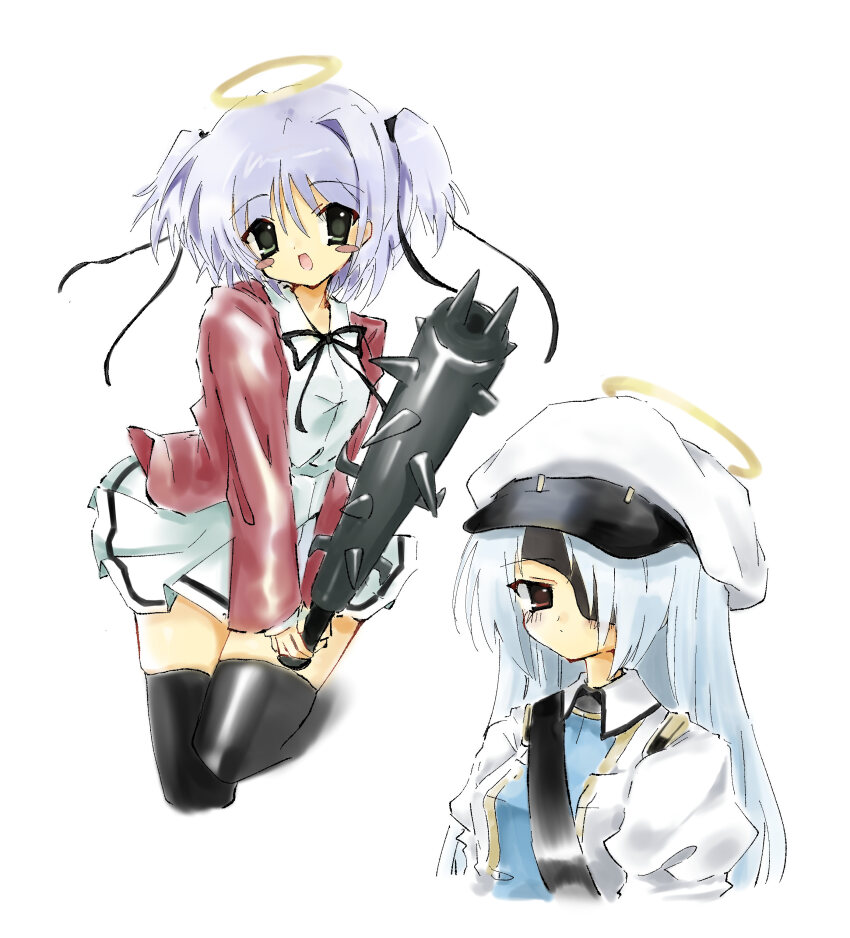 2000s_(style) 2girls absurdres angel blue_hair blush blush_stickers bokusatsu_tenshi_dokuro-chan club_(weapon) eyepatch hair_ribbon halo hat highres mitsukai_dokuro mitsukai_zakuro multiple_girls open_mouth ribbon short_twintails siblings sisters skirt smile takanashi_(takanya_shi) thighhighs twintails weapon zettai_ryouiki