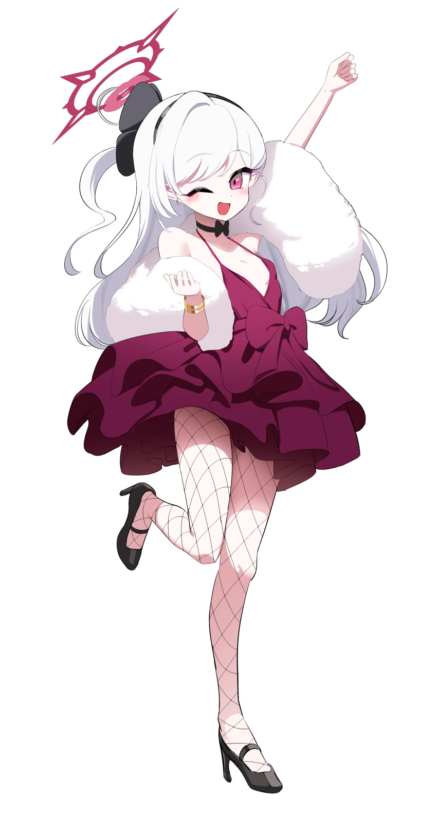 1girl absurdres arm_up bare_shoulders black_shoes blue_archive breasts dress fishnet_pantyhose fishnets full_body fur_shawl halo high_heels highres long_hair looking_at_viewer mutsuki_(blue_archive) mutsuki_(dress)_(blue_archive) nicorima one_eye_closed open_mouth pantyhose red_dress red_eyes red_halo shawl shoes simple_background sleeveless sleeveless_dress small_breasts smile solo standing standing_on_one_leg white_background white_hair
