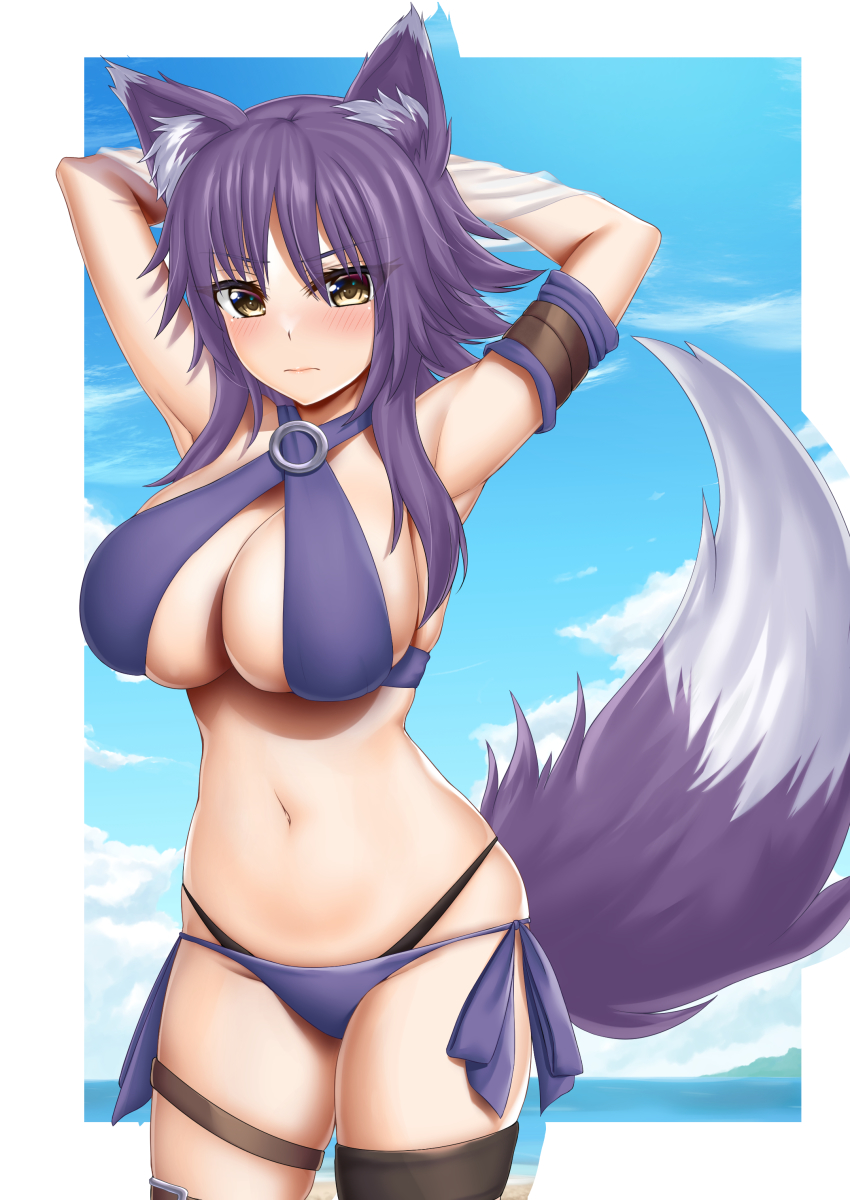 1girl absurdres abukobato animal_ear_fluff animal_ears armpits bare_shoulders bikini black_panties blue_background blue_sky blush border breasts cleavage closed_mouth cloud cloudy_sky commentary cowboy_shot criss-cross_halter day embarrassed groin hair_between_eyes halterneck hands_up highres horizon large_breasts leg_belt long_hair looking_at_viewer makoto_(princess_connect!) makoto_(summer)_(princess_connect!) navel ocean outside_border panties panties_under_swimsuit princess_connect! purple_bikini purple_hair revision side-tie_bikini_bottom sidelocks skindentation sky solo standing stomach swimsuit tail thigh_strap underwear white_border wolf_ears wolf_girl wolf_tail yellow_eyes