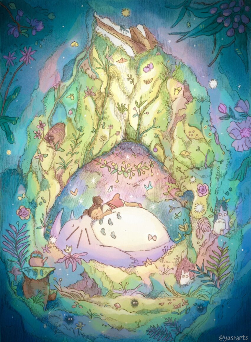 1girl brown_hair bug butterfly closed_eyes creature cuddling dress fairy flower grass highres insect leaf light_particles lying lying_on_another moss mushroom on_stomach plant sleeping studio_ghibli susuwatari teapot tonari_no_totoro totoro tree twintails wide_shot yusra