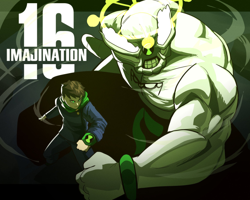 2boys ben_10 ben_tennyson brown_hair cosplay crossover green_eyes highres itadori_yuuji itadori_yuuji_(cosplay) jujutsu_kaisen long_sleeves mahoraga_(jujutsu_kaisen) majin_ace monster_boy multiple_boys muscular muscular_male omnitrix pectorals teeth topless_male watch wristwatch