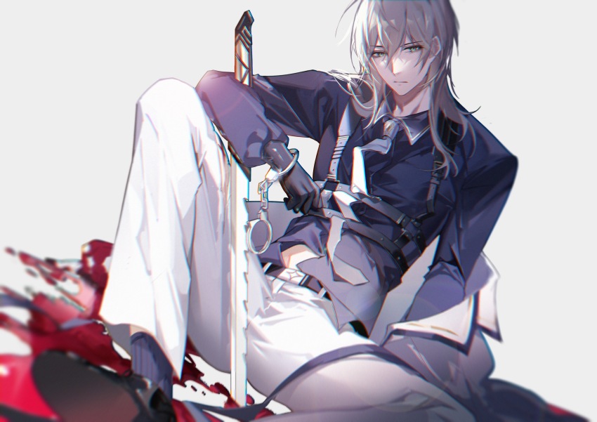1boy :/ absurdres alkaid_mcgrath alkaid_mcgrath_(infinite_empire) black_gloves black_shoes blonde_hair blood blood_splatter blue_socks chest_harness closed_mouth coat coat_partially_removed collared_shirt cuffs expressionless foot_out_of_frame gloves green_eyes hair_between_eyes handcuffs harness highres jiuchuansi knee_up long_sleeves looking_at_viewer lovebrush_chronicles male_focus medium_hair midriff_peek necktie pants planted planted_sword planted_weapon shirt shoe_soles shoes simple_background sitting socks solo spread_legs sword weapon white_background white_coat white_necktie white_pants
