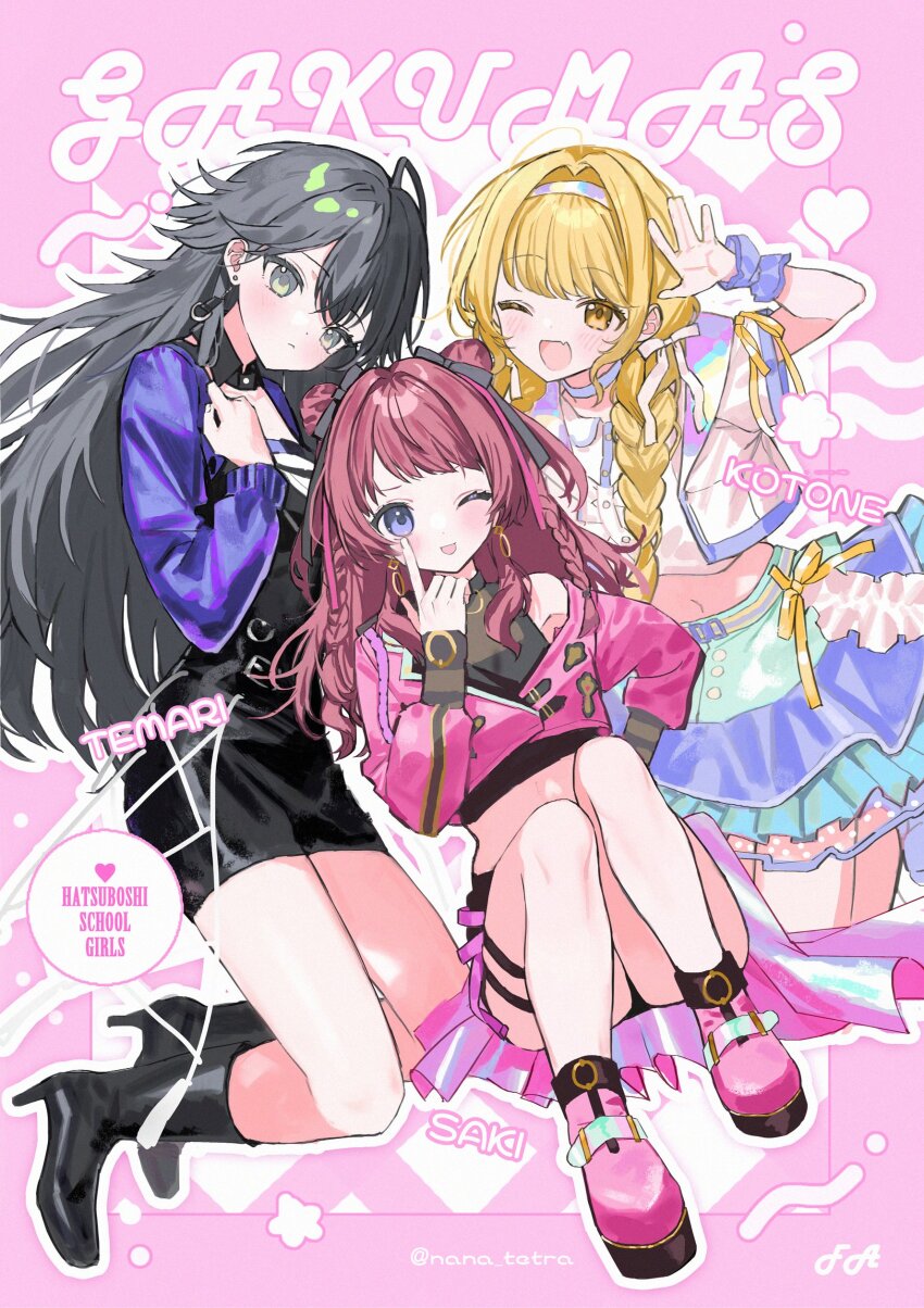 3girls \||/ absurdres ahoge ass black_boots black_collar black_hair black_ribbon black_shirt black_shorts black_skirt blonde_hair blue_skirt blush boots border braid character_name closed_mouth collar commentary commentary_request cropped_jacket cropped_shirt detached_collar detached_sleeves dot_nose drop_shadow earrings english_commentary english_text fang frills fujita_kotone full_body gakuen_idolmaster green_eyes hair_between_eyes hair_bun hair_ribbon hairband hanami_saki heart highres idolmaster jacket jewelry long_hair looking_at_viewer midriff multiple_girls nana_tetra navel one_eye_closed open_clothes open_jacket open_mouth pink_background pink_boots pink_border pink_jacket pink_skirt purple_eyes purple_sleeves ribbon shirt shorts sidelocks single_bare_shoulder skin_fang skirt star_(symbol) stud_earrings thigh_strap thighs tongue tongue_out tsukimura_temari twin_braids twitter_username white_jacket white_ribbon white_shirt yellow_eyes yellow_ribbon