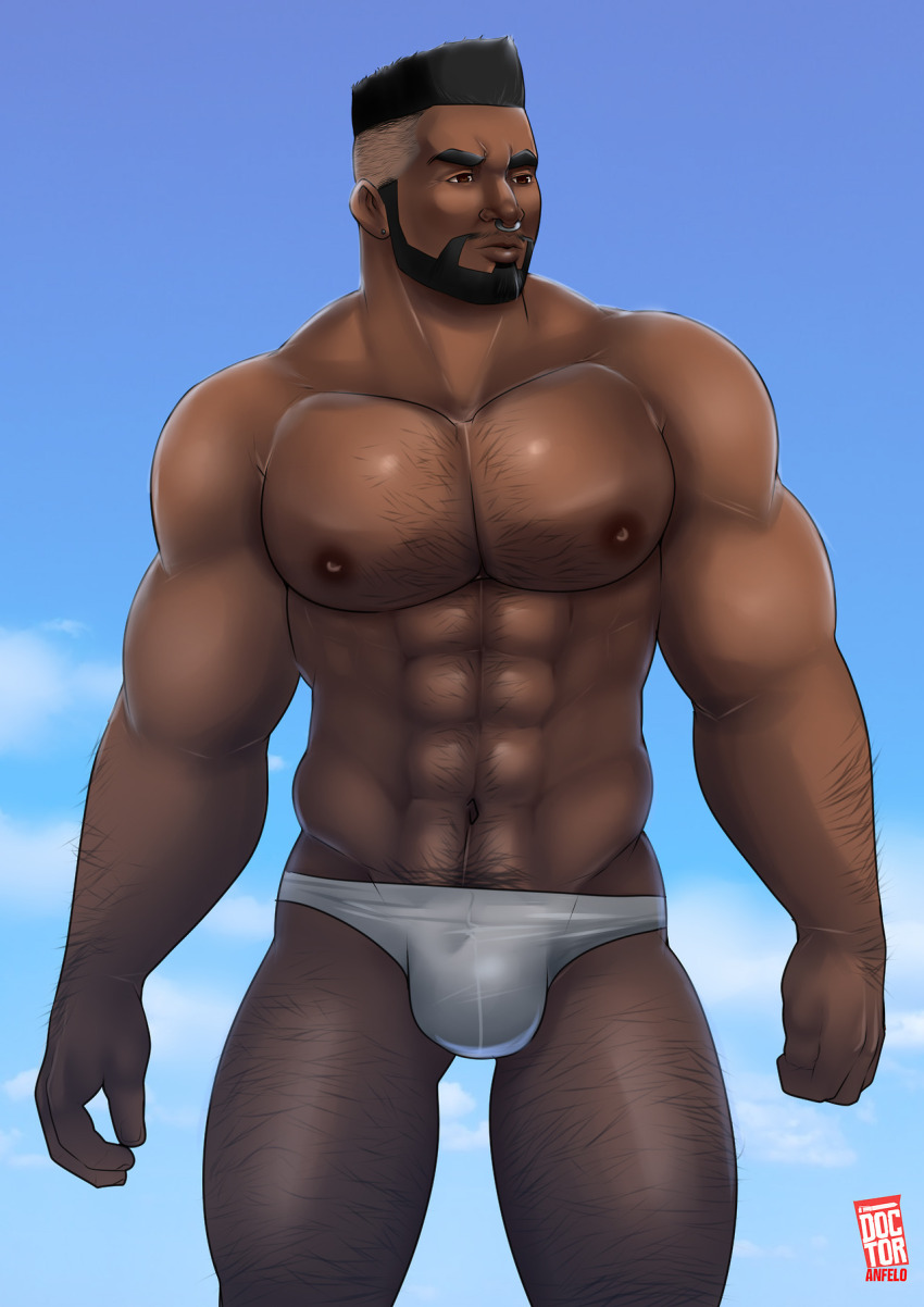 1boy 2017 abs arm_hair asymmetrical_hair bara bare_pectorals beard body_hair bulge chest_hair cum cum_on_body doctor_anfelo face_piercing facial facial_hair flattop highres leg_hair male_focus male_swimwear muscular muscular_male nipples nose_piercing nose_ring original pectorals piercing sidecut sky topless_male undercut white_male_swimwear