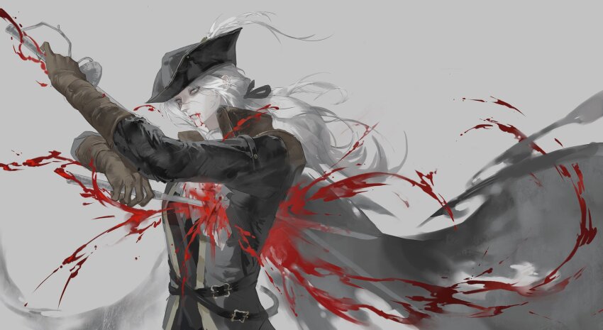 1girl ascot blood blood_on_clothes blood_stain bloodborne double_blade gem hat hat_feather highres jiao_chang lady_maria_of_the_astral_clocktower rakuyo_(bloodborne) solo tricorne weapon white_ascot white_hair