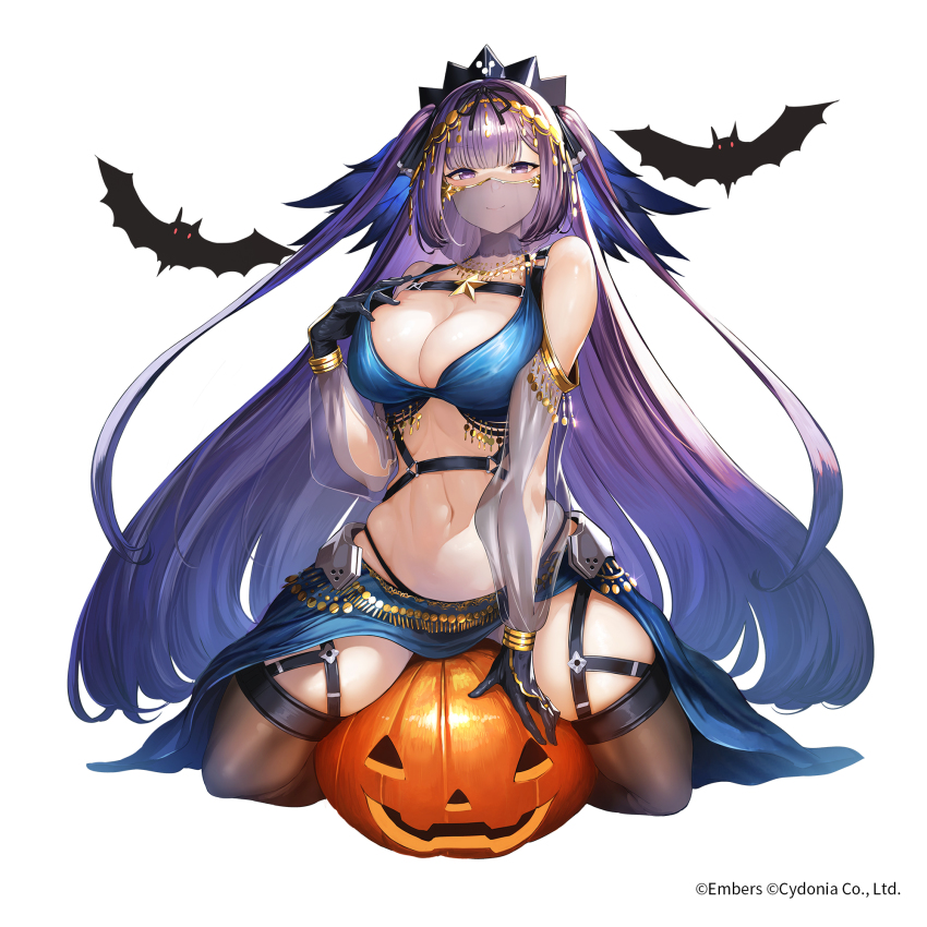 1girl ash_arms b-24_liberator_(ash_arms) bare_shoulders bat_(animal) black_gloves blue_skirt blush breasts cleavage crown detached_sleeves gloves hair_ribbon headwear_request highres jack-o&#039;-lantern jewelry koruse long_hair looking_at_viewer mask mouth_veil necklace official_art purple_eyes purple_hair ribbon sitting skirt smile solo straddling strap thighs veil