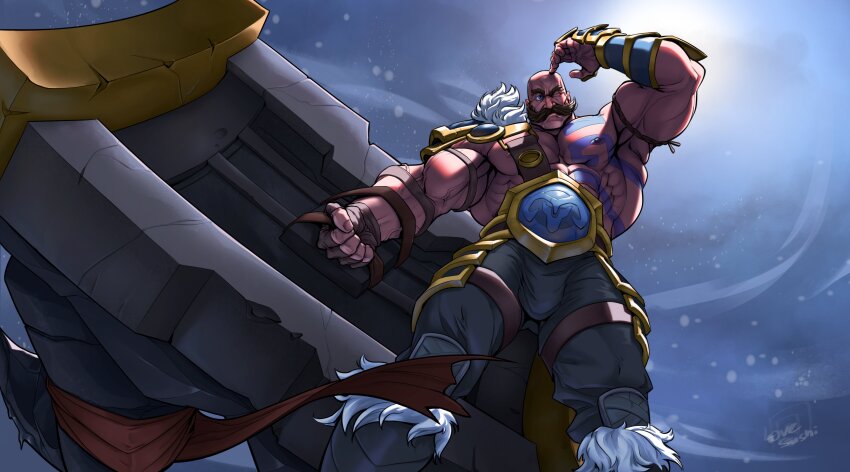 1boy absurdres arm_guards arm_up armor armpits bald bara belt blue_eyes boots braum_(league_of_legends) broad_shoulders bulge chest_tattoo covering_head cowboy_shot facial_hair faulds from_below fur-trimmed_boots fur_trim grey_pants highres holding holding_shield ilovefsushi league_of_legends male_focus muscular muscular_male mustache nipples one_eye_closed pants perspective shield shoulder_armor simple_background snow snowing strap sun tattoo thick_mustache topless_male veins veiny_arms