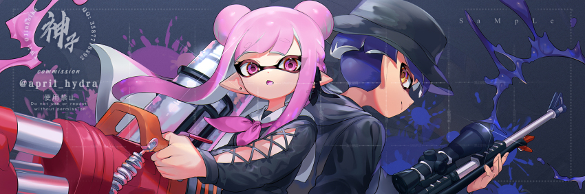 1boy 1girl arm_cutout artist_name back-to-back black_hat black_hoodie black_shirt braid bucket_hat closed_mouth clothing_cutout commentary commission commissioner_name cross-laced_clothes cross-laced_cutout double_bun earrings hair_bun half_up_braid hat highres holding holding_weapon hood hood_down hoodie hydra_splatling_(splatoon) inkling inkling_boy inkling_girl inkling_player_character jewelry jinkoika long_hair long_sleeves looking_at_viewer neckerchief nintendo open_mouth pink_eyes pink_hair pink_neckerchief pointy_ears purple_hair sailor_collar sailor_shirt scope shirt short_hair sideways_glance splat_charger_(splatoon) splatoon_(series) splatoon_2 symbol-only_commentary tentacle_hair upper_body weapon white_sailor_collar yellow_eyes