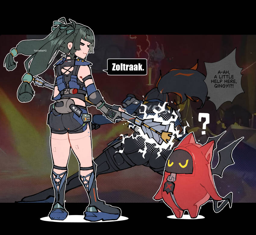 2girls :3 =_= ? absurdres artist_name ass bangboo_(zenless_zone_zero) black_hair black_pants blue_shoes commentary devilboo_(zenless_zone_zero) electricity english_commentary english_text fighting fingerless_gloves full_body gloves green_hair highres holding holding_staff multicolored_hair multiple_girls pants police police_uniform policewoman ponytail qingyi_(zenless_zone_zero) robot_girl shoes shorts sleeveless sousou_no_frieren staff standing stirrup_legwear streaked_hair toeless_legwear twintails wokiiarts zenless_zone_zero zhu_yuan