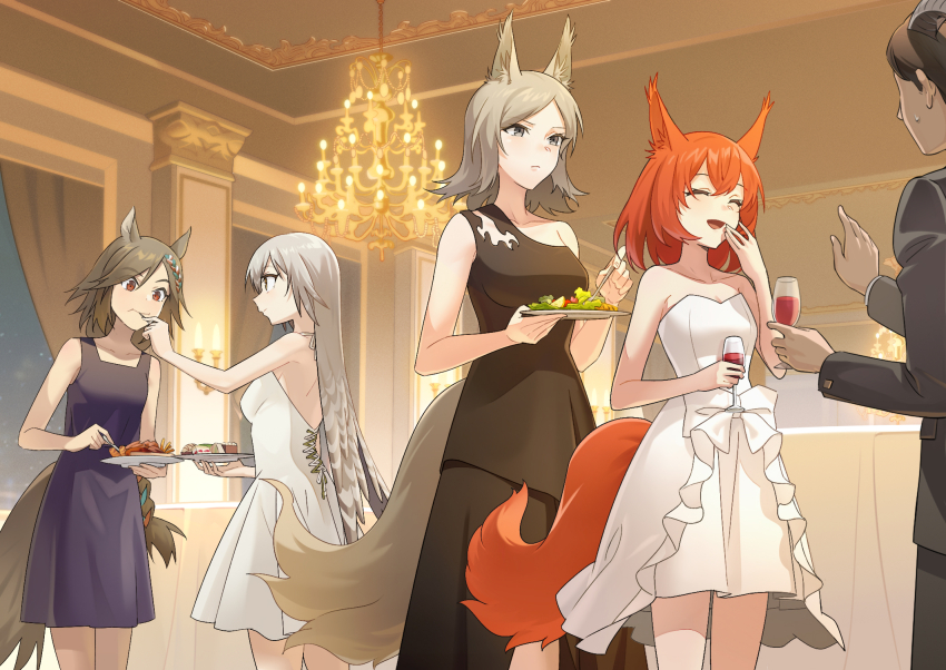 4girls :d ^_^ animal_ear_fluff animal_ears arknights ashlock_(arknights) black_dress breasts brown_hair chandelier cleavage closed_eyes collarbone commentary_request cup curtains dress drinking_glass fartooth_(arknights) flametail_(arknights) grey_eyes grey_hair hair_between_eyes highres holding holding_cup horns indoors liang_chan_xing_make_tu multiple_girls open_mouth orange_hair purple_dress red_eyes single_strap small_breasts smile standing strapless strapless_dress swept_bangs tail white_dress wild_mane_(arknights) window wine_glass