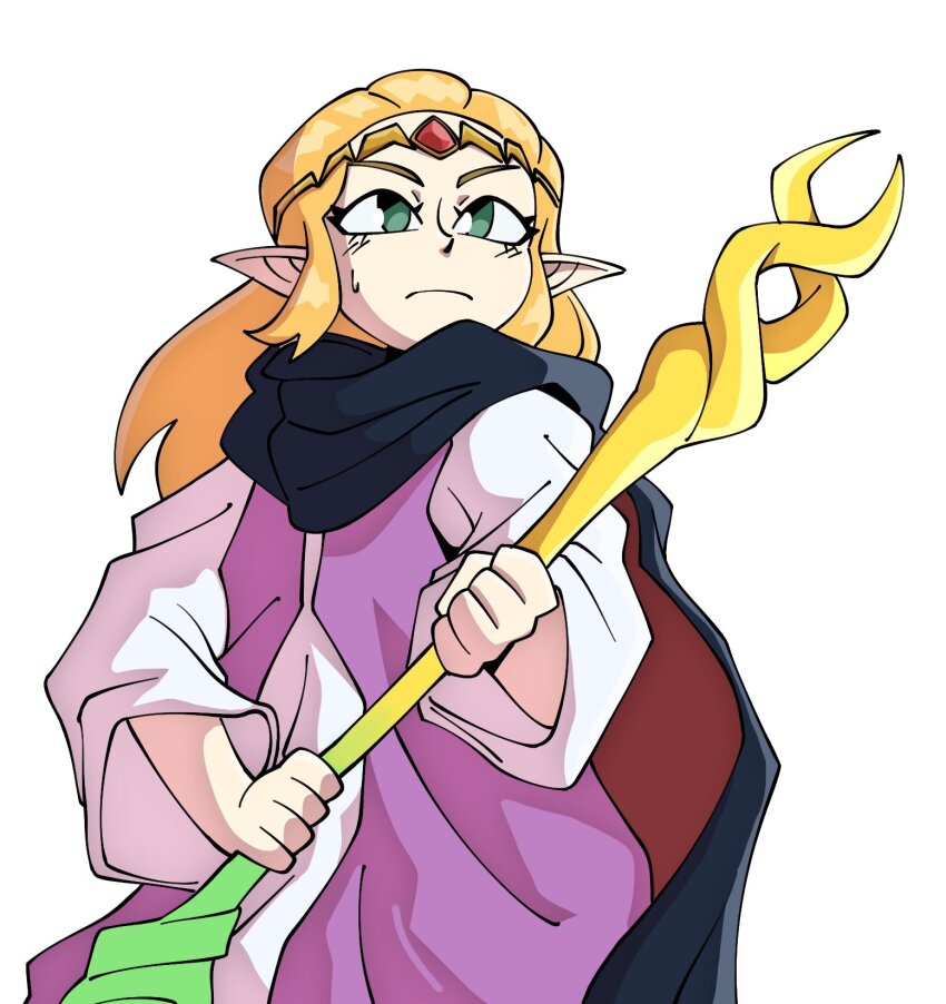 1girl black_cloak blonde_hair cloak closed_mouth commentary dress green_eyes highres holding holding_staff long_hair nintendo pointy_ears princess_zelda purple_dress qtip_xd small_sweatdrop solo staff the_legend_of_zelda the_legend_of_zelda:_echoes_of_wisdom upper_body white_background