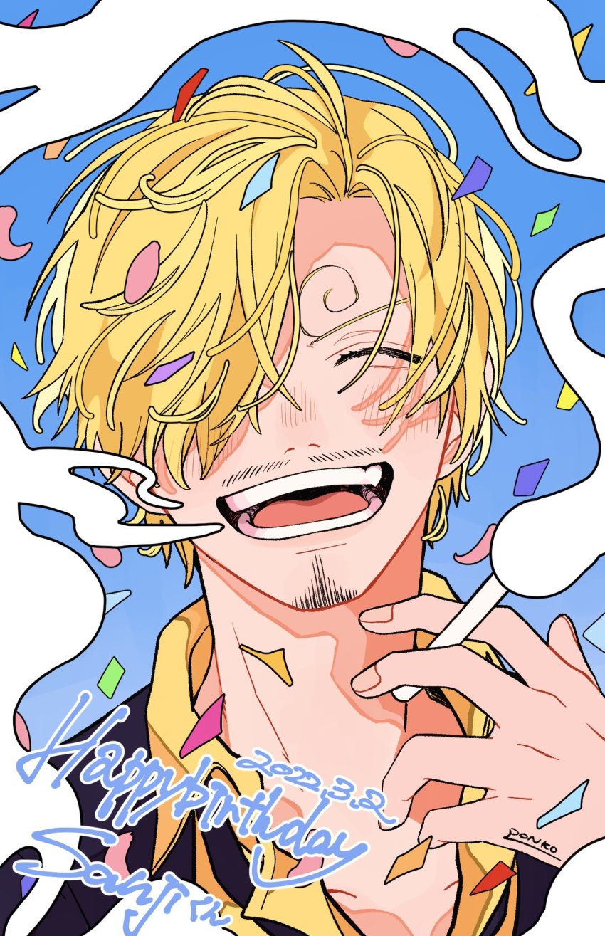 1boy ^_^ ^o^ blonde_hair cigarette closed_eyes confetti closed_eyes facial_hair hair_over_one_eye happy_birthday highres holding holding_cigarette male_focus one_piece ponko517 sanji_(one_piece) smoke solo