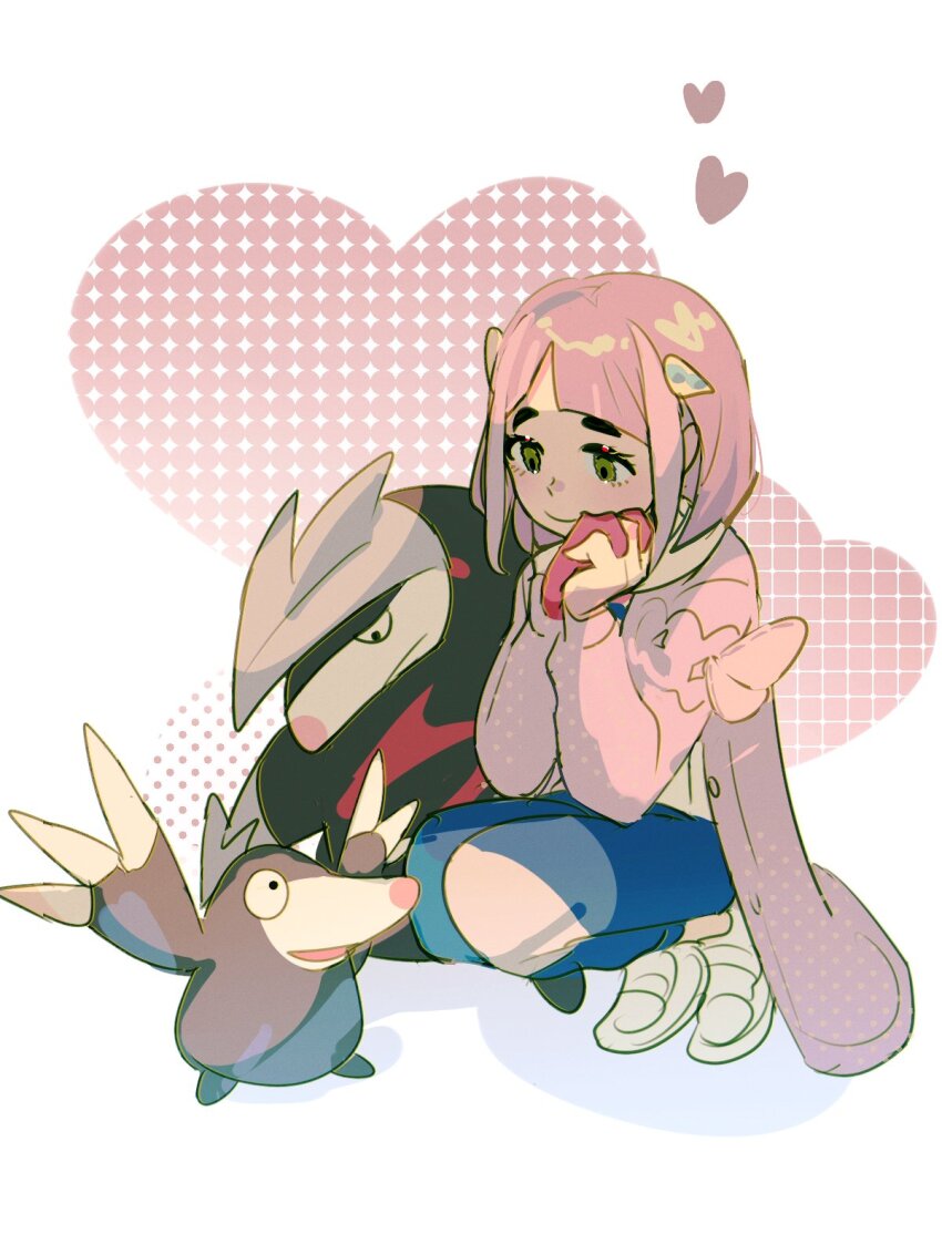 1girl arched_bangs blue_pants buttons cardigan closed_mouth commentary_request drilbur evolutionary_line excadrill eyelashes gen_5_pokemon gloves green_eyes heart highres lacey_(pokemon) long_sleeves looking_down nintendo own_hands_together pants pink_hair pokemon pokemon_(creature) pokemon_sv shoes single_glove smile squatting suikaels white_footwear